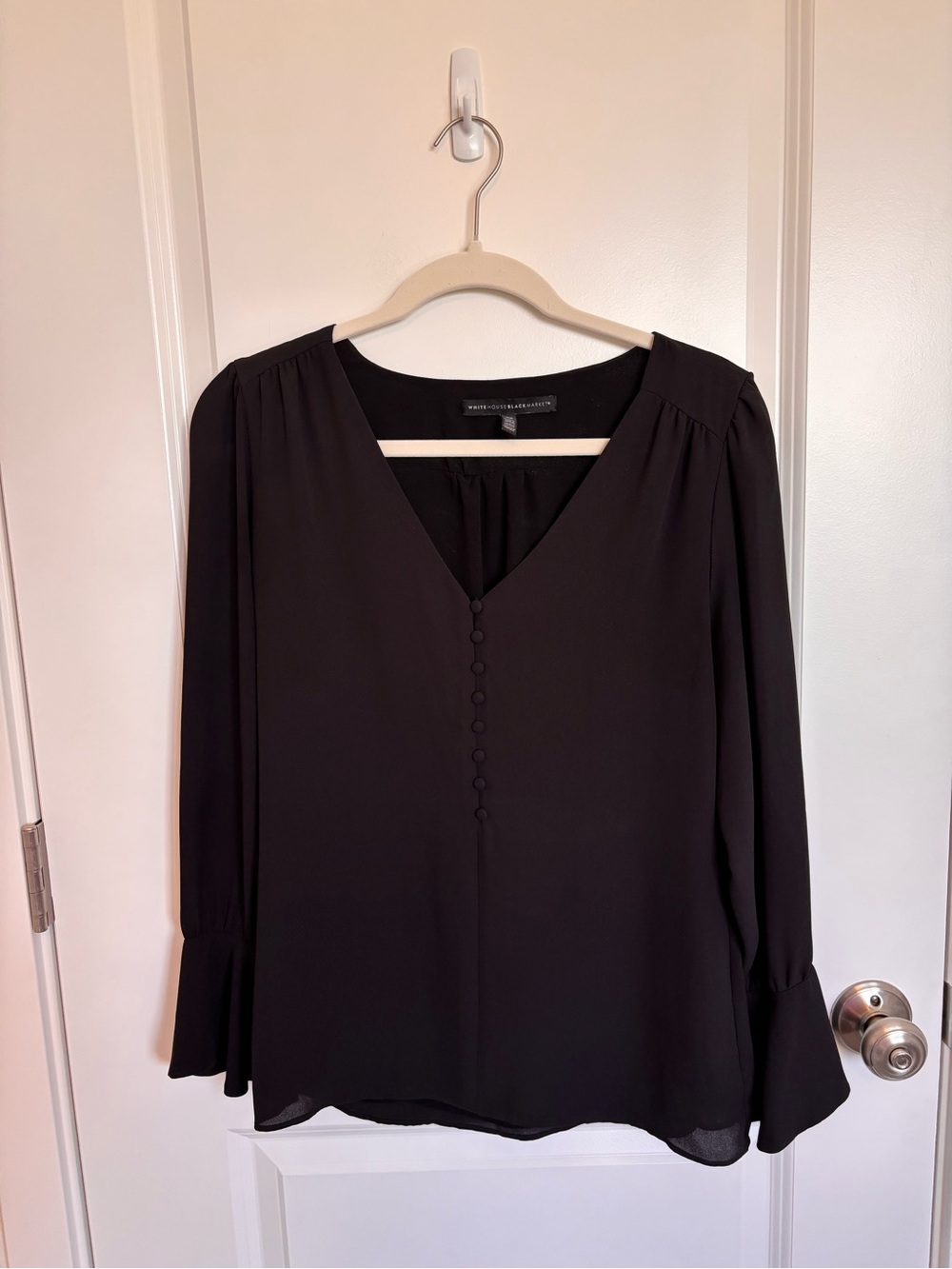 White House Black Market Black V-Neck Button Front Long Sleeve Blouse